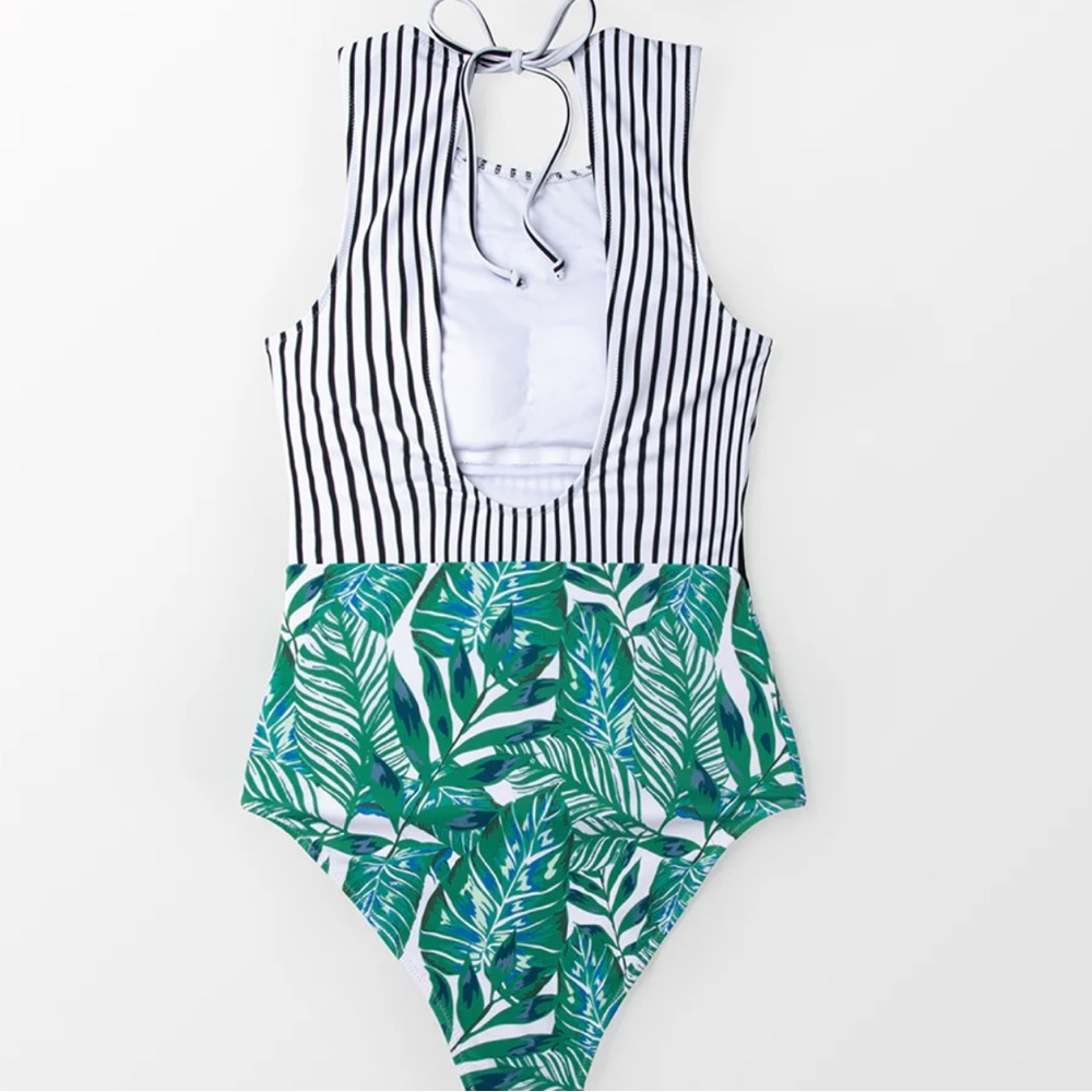 NWT Cupshe Green Leaf Print stripe high neck Swimsuit size medium - Picture 5 of 12